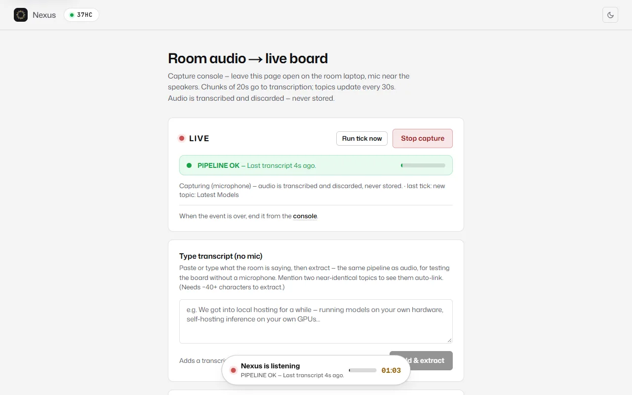 The capture page while live: LIVE, Stop capture, a green PIPELINE OK line with the microphone level, and the recent activity list
