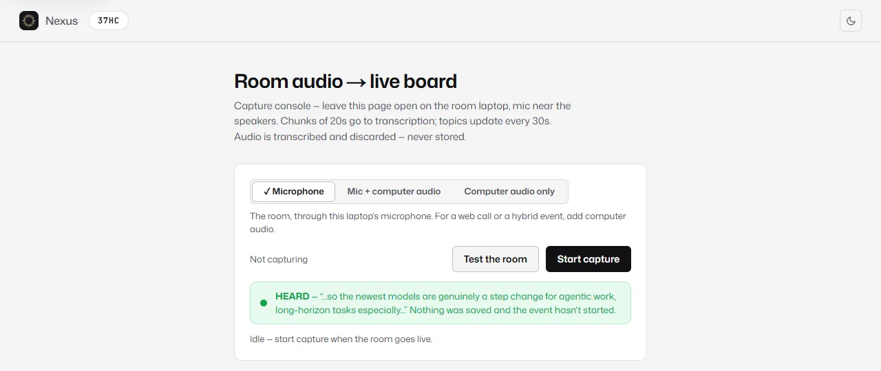 The capture page with the Microphone, Mic + computer audio and Computer audio only choices, the Test the room and Start capture buttons, and a HEARD result