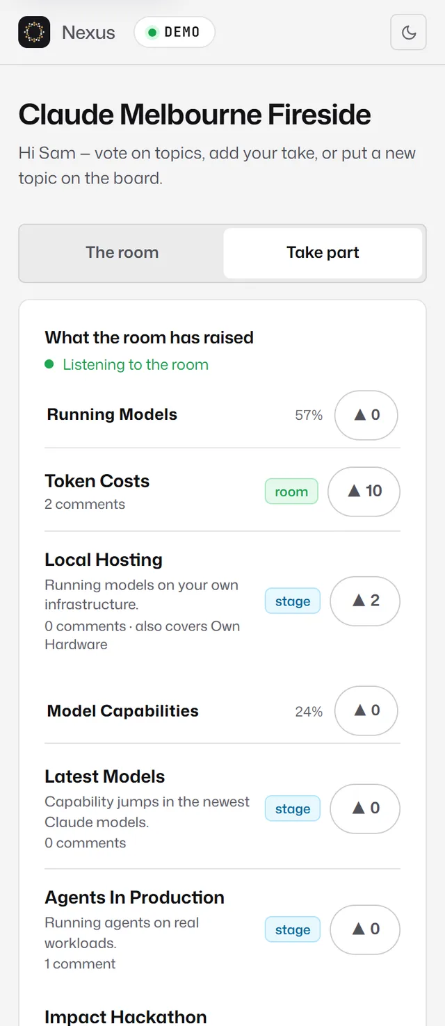 The phone's 'Take part' tab with topics and vote buttons