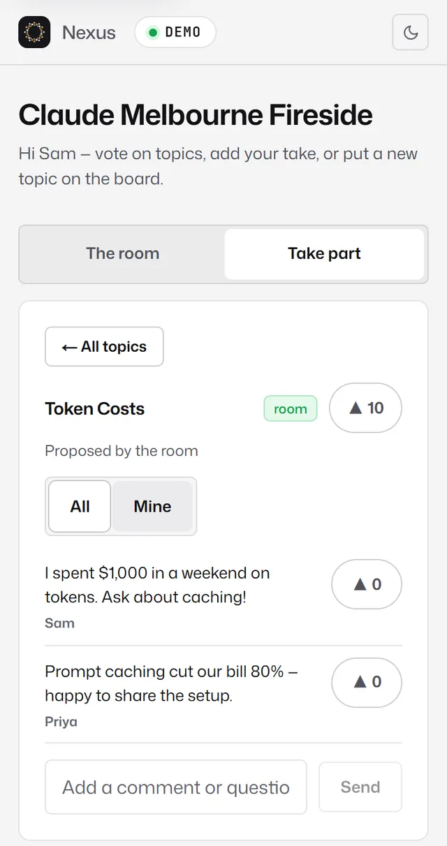 A topic opened on the phone, showing its comments with vote buttons and a box to add a comment or question