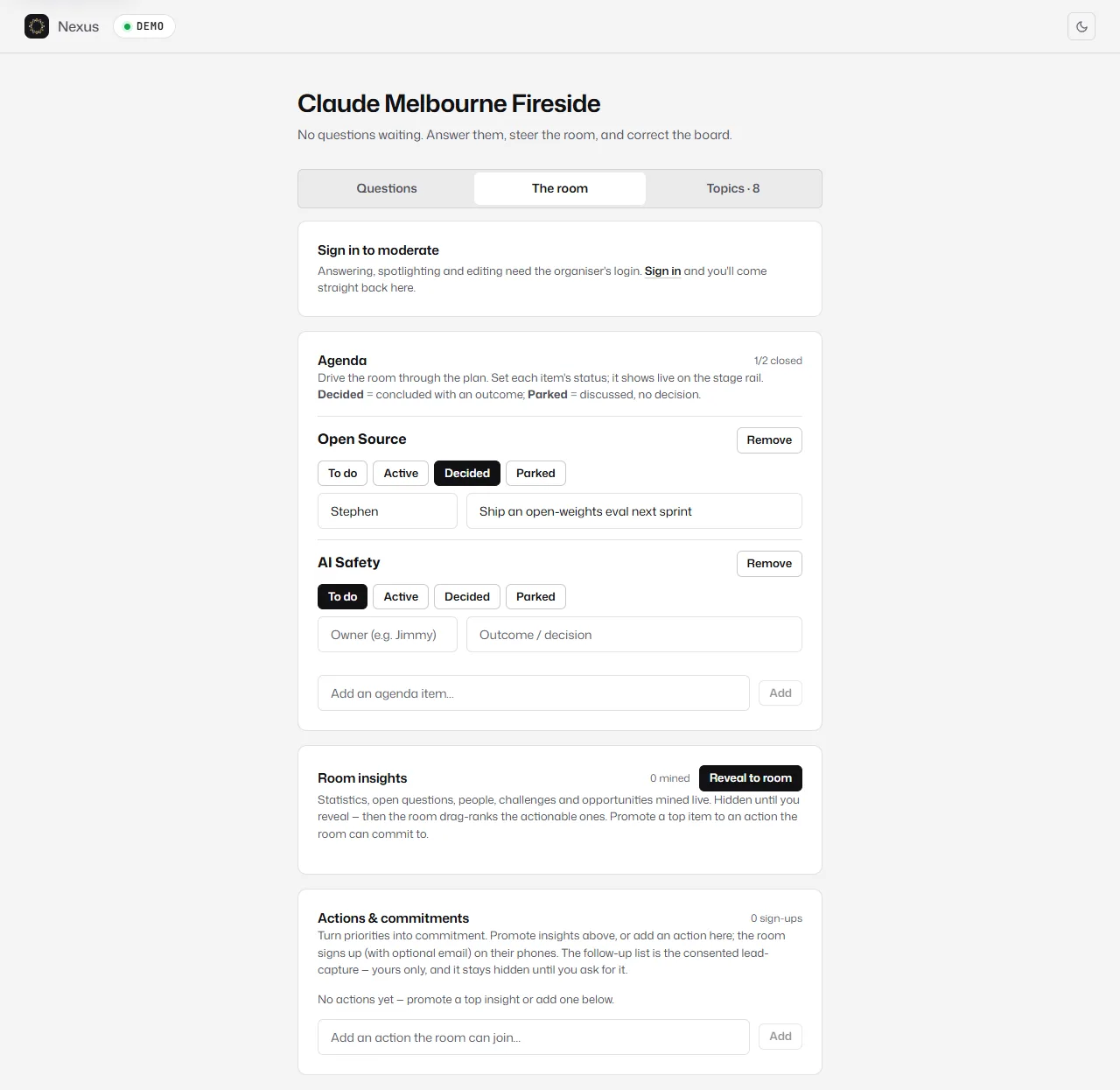 The presenter view's 'The room' tab with the agenda controls, room insights and actions