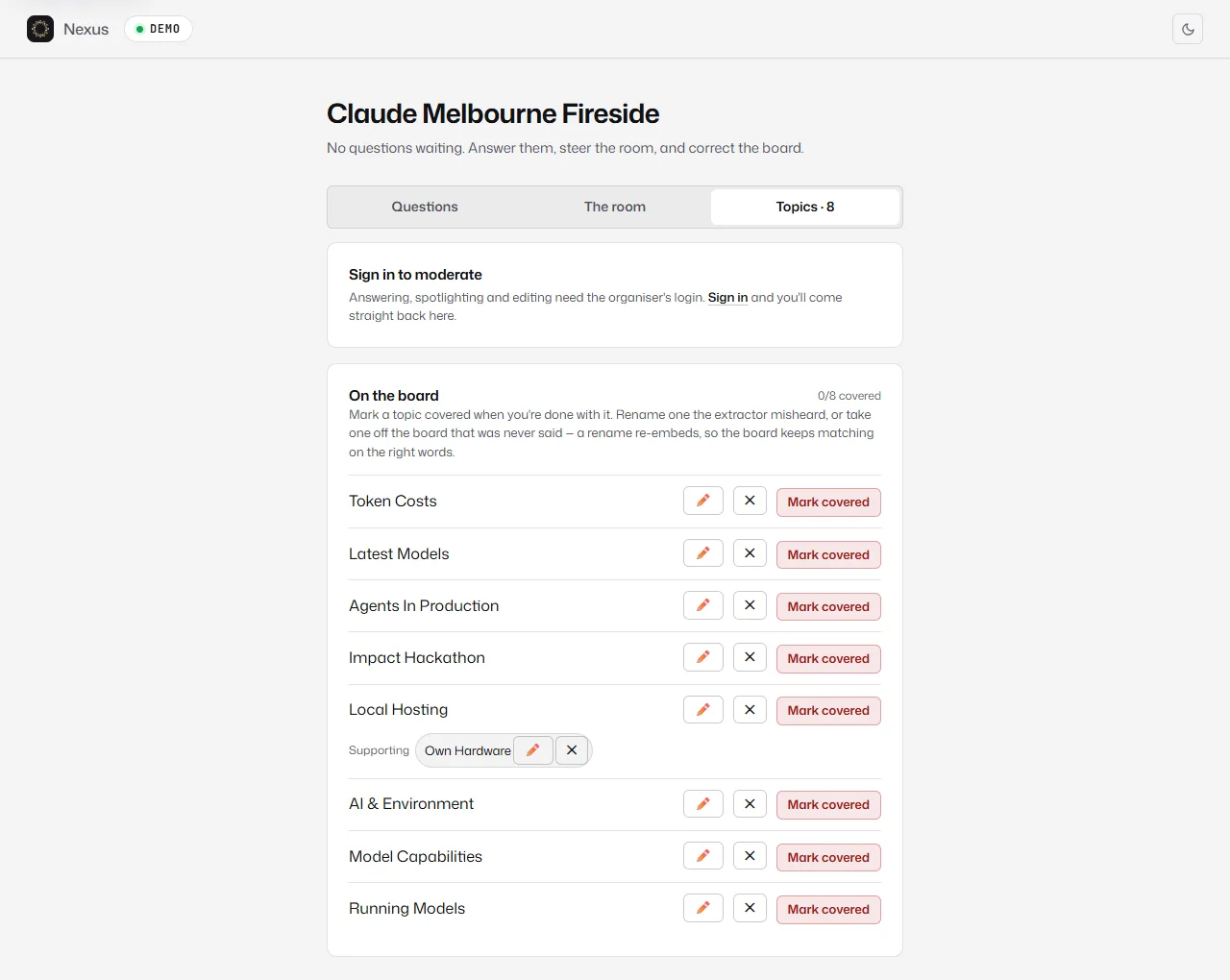 The presenter view's Topics tab listing topics with rename, remove and mark-covered controls